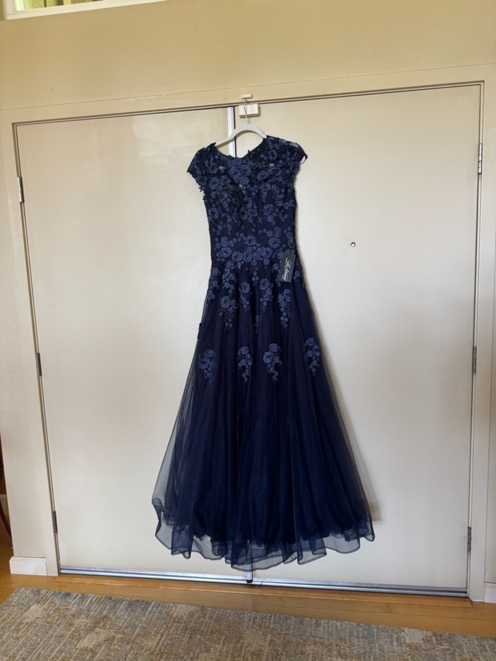 La Femme Navy Floral Lace Tulle Gown